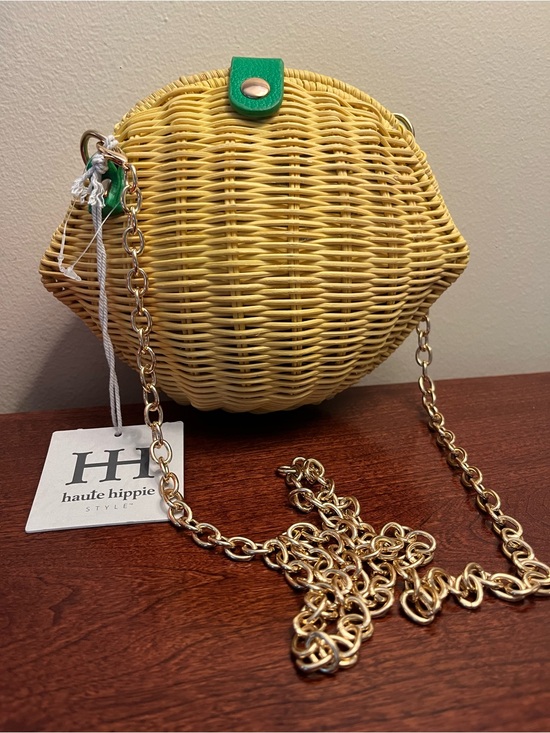 Haute Hippie Handbags - Haute Hippie Yellow Lemon Wicker Crossbody with Green Accent and Gold Chain BNWT